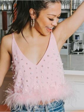 Buddy Love Embellished Feather Trim Spaghetti Strap Top